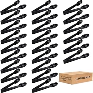 Plastic Tongs for Kitchen, Disposable Utensils Set, 12 Pieces, 9 Inch Heavy Duty Scalloped Salad Serving Tongs, Food Safe Material, Perfect for Buffets and BBQ (12, Black)