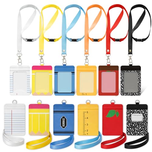 Harloon 6 Pcs Teacher ID Badge Holder with Lanyard Back to School Teacher Gifts Bulk PU Cute Composition Notebook Pencil Crayon Apple ID Badge Holder for First Day of School Stuff Office Gifts Decor