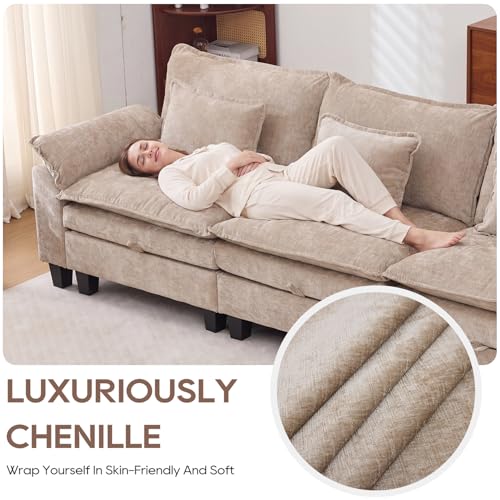 Image of IPKIG 151 inch Modular Cloud Couch with Storage, U Shaped Sectional Sofa with Ottoman & Pillow, Chenille Deep Seat Sectional Couches for Living Room, Apartment, Khaki,