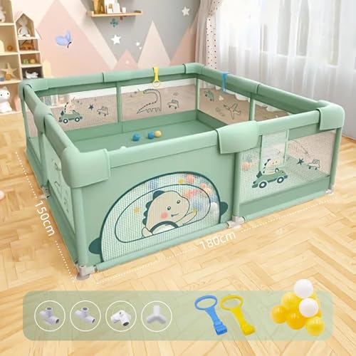 Image of Playpen 150x180cm for Baby 0-5 Years with Safety Lock, Playard with 5-10 Ocean Balls and 2 Grasp Rings (No Mat, Non-Foldable) - Green