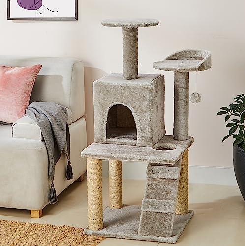 Image of Amazon Basics Large Cat Tree with Scratching Posts, Balls, Stairs and House | 48.5 x 45.5 x 106.5 cm | Grey