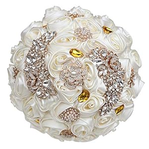 Alternative view of WIFELAI-A Handgefertigte Strass-Brosche für Hochzeitsblumen, Brautsträuße, Kristall, Brautstrauß, weiße elfenbeinfarbene Satin-Rosen mit Diamant-Perlenband
