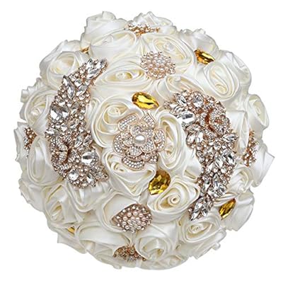 WIFELAI-A Handgefertigte Strass-Brosche für Hochzeitsblumen, Brautsträuße, Kristall, Brautstrauß, weiße elfenbeinfarbene Satin-Rosen mit Diamant-Perlenband – Bild 3