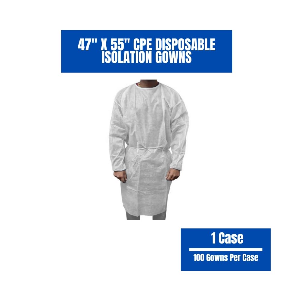 PSBM Disposable Isolation Gowns, White, 100 Pack, Breathable Protective Apron with Long Sleeves, Elastic Cuffs, Neck and Waist Ties, One Size Fits All