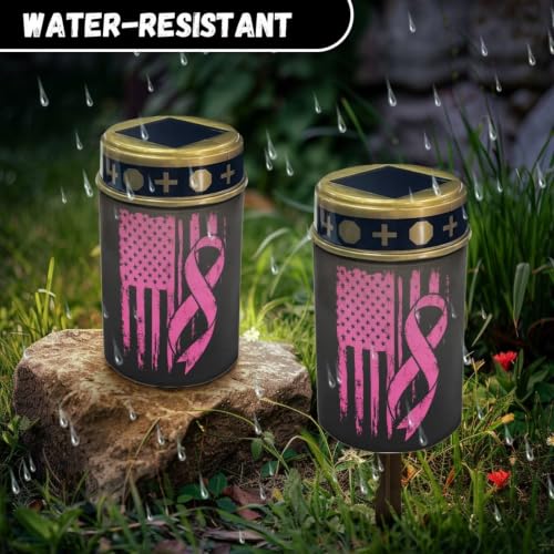 Image of Poceacles Solar Outdoor Lights Solar Grave Lights Cemetery Candles Decorative LED Automatic Flameless Candle, Pink Ribbon American Flag, Pack of 6