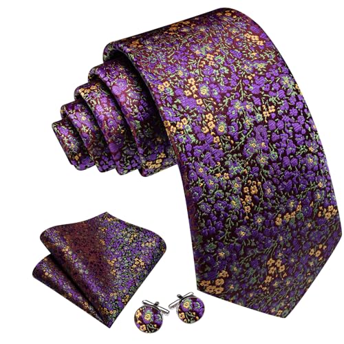 Image of Barry.Wang Flower Ties for Men Handkerchief Cufflinks Set Wedding Necktie Set Party