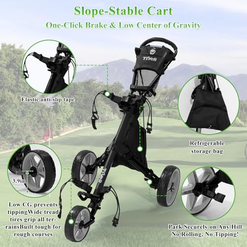 Tivor 3 Wheel Golf Push Cart, Lightweight Push Cart Golf One-Click Folding, Adjustable Height Pushcart for Golf Bags, Compact Design for Ladies, Junior Golfers