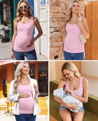 Ekouaer 4 Pack Maternity Tank Tops Ribbed Summer Pregnancy Shirts Ruch Side Tops Casual Square Neck Postpartum Clothes Black/Olive Green/Light Grey/Pink 2XL — view 2