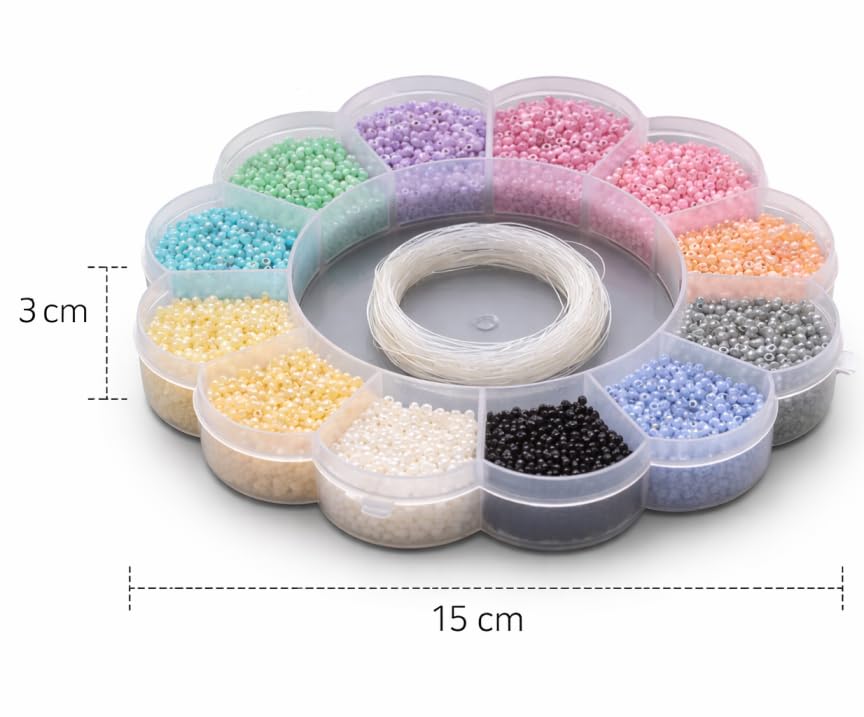 Image of Beadsnfashion 12 Assorted Color Opaque Luster Glass Seed Beads Kit for Girls and Kids (Size 11 /0, 2mm) with 12 Mtrs Nylon Thread for Jewellery Making, Beading, Embroidery, Art & Craft Projects