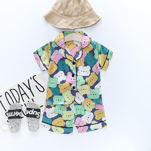 Baby Short Sleeve Satin 𝐏a𝐣ama Set 𝗦ilk Cute 𝐏ajamas Button Down Shirts with Shorts Girls Boys Cartoon Sl𝐞epwear3