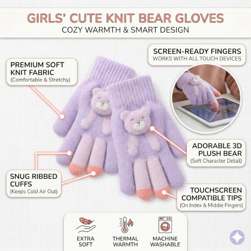 Image of Kids Winter Woolen Hand Gloves for Girls (Age 8-12 Years) | Soft Warm Knitted Gloves | Cute Teddy Bear Design | Cold Weather Gloves | Pack of 2 Pairs