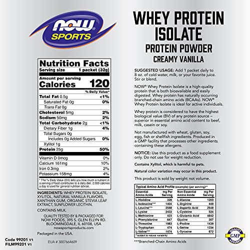 Image of NOW Sports Nutrition, Whey Protein Isolate, 25 g With BCAAs, Creamy Vanilla Powder, 8-Packets
