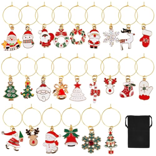 Opvixi 24 PCS Wine Glass Charms with Storage Bag Christmas Wine Charms