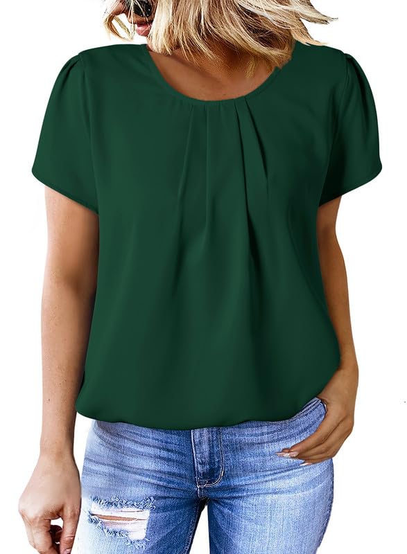 Dokotoo Women's Casual Round Neck Basic Pleated Tops Short Sleeve Loose Fit Curved Keyhole Back Chiffon Blouses Tshirts2