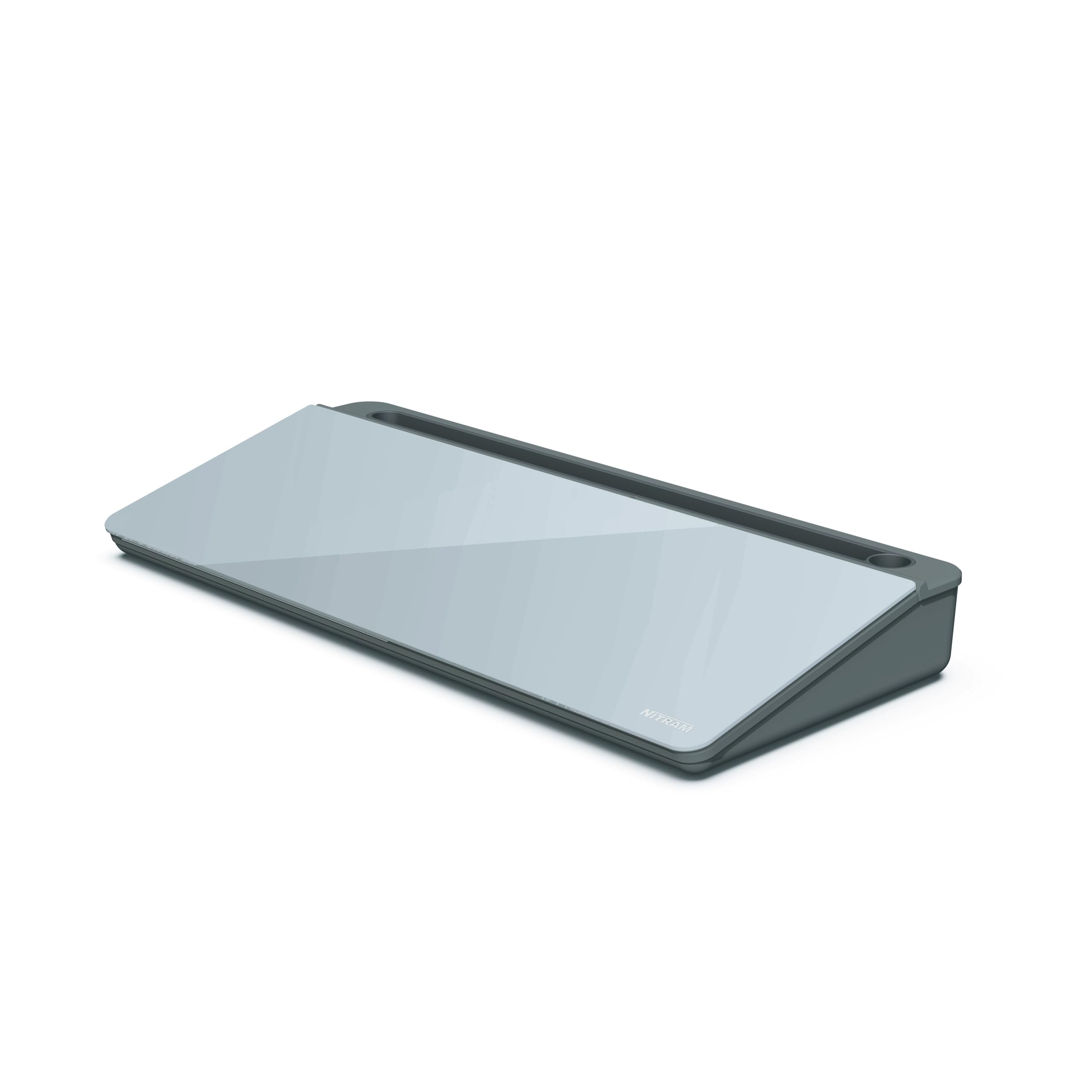 NITRAM Lavagna da scrivania o ufficio in vetro con cassetto portaoggetti e scomparto per accessori Dimensioni: 40,5 x 18,5 x 6 cm con cancellino.e 2 pennarelli (Grigio)
