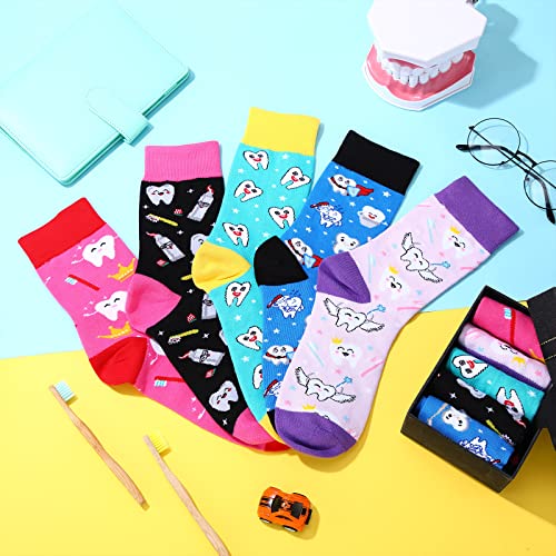 Vicenpal 5 Pairs Dental Teeth Socks Novelty Crew Dentist Socks Cute Dental Assistant Love Teeth Gifts for Women