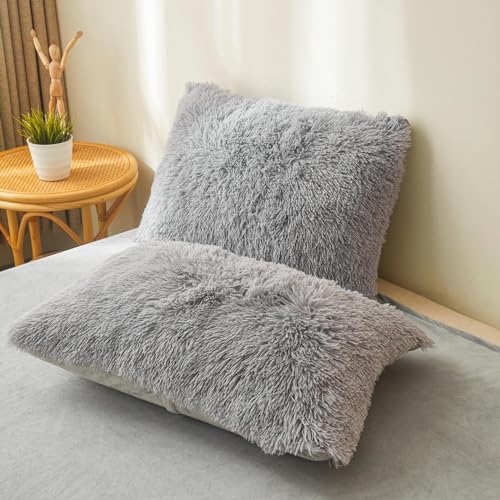 FOPPA Faux Fur Pillow Cases Gray 26"x20", Furry Shaggy Plush Fuzzy Fluffy Decorative Pillow Covers Set of 2, Standard Velvet Cushion Cover with Zipper for Bedroom Interior