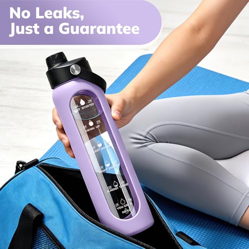 Image of Aqulea 32 oz Glass Water Bottle with 2 Lids - Spout & Straw Lids, 1L Motivational Borosilicate Glass Water Bottle with Time Marker & Silicone Sleeve, Leakproof (Purple)