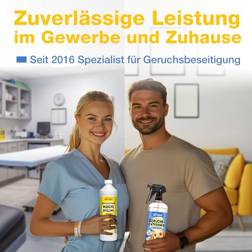 bio-chem Geruchsentferner Set | Hunde-Spray 750 ml + Wäschespülung 1L | Mikrobiologisch & effektiv | Gegen Tiergeruch auf Textilien & Oberflächen