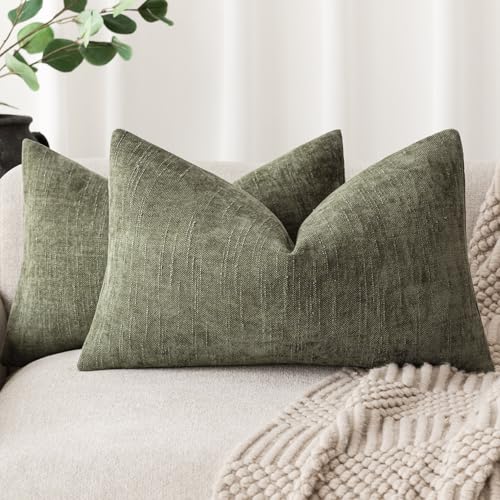 Image of Foindtower Pack of 2 Textured Chenille Throw Decorative Pillow Covers Square Accent Solid Cushion Cover Neutral Farmhouse Lumbar Pillow Case for Couch Sofa Bedroom Living Room 12x24 Inch,Olive Green