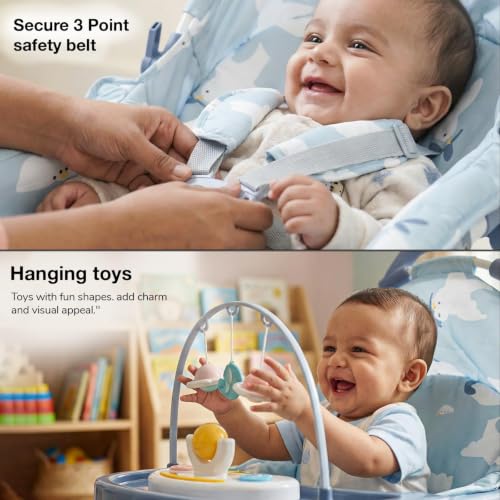 Image of Baybee Baby Rocker & Bouncer Chair for 0-3 Years | Baby Feeding Chair with Push Rocker Mode, Adjustable Canopy, Hanging Toys, 360 Wheels & 3-Point Safety Belt (Blue)