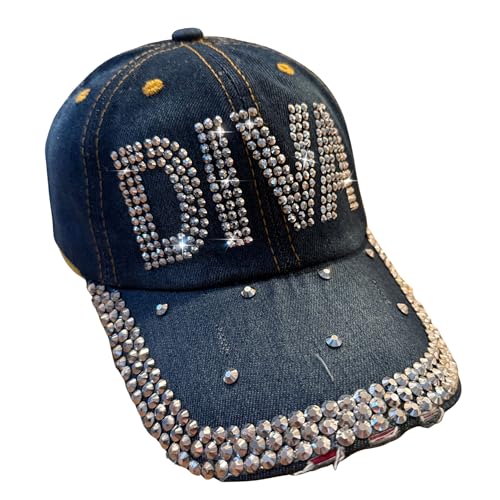 Popfizzy Rhinestone Diva Hat for Women Bedazzled Bling Birthday Gifts for Women Adult Denim Blue Baseball Cap Adjustable
