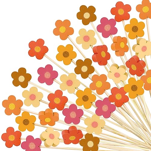 AnyDesign 120Pcs Boho Flowers Disposable Cocktail Picks Multi-Color Floral Fruit Appetizing Toothpicks Handmade Bamboo Garnish Sticks for Appetizers Sandwiches Skewers Party Decorations (6 colors)