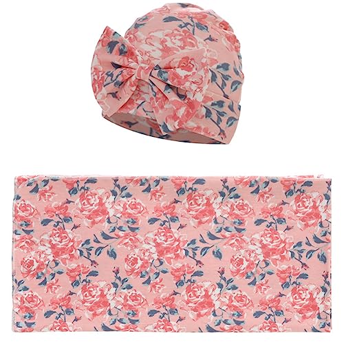 Image of Exemaba Baby Swaddle Blanket with Bow Hat Set Newborn Swaddle Receiving Blankets Sleep Sack for Girls 0-3 Months(Pink Flower)