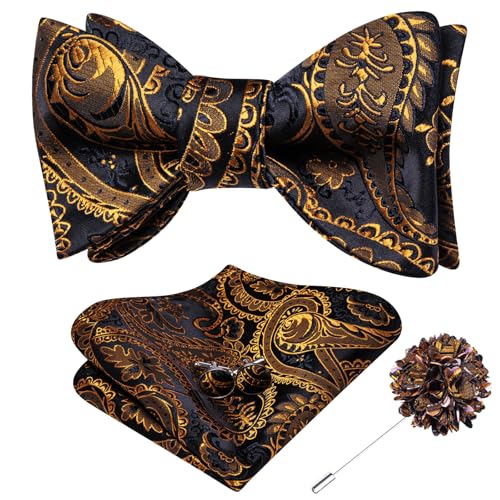 Image of Hi-Tie 5Pcs Mens Solid Color Silk Tie Satin Pretied Bowtie Lapel Pin for Men Handkerchief Cufflink Wedding Gift Box