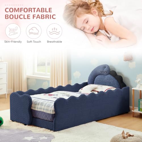 Image of Twin Size Kids Bed with Dinosaur Headboard, Upholstered Boucle Fabric Twin Daybed with Slats Support & Side Pocket, Space-Saving Wooden Corner Sofa Couch Day Bed Frame for Girl, Boy, Teenager(Blue)