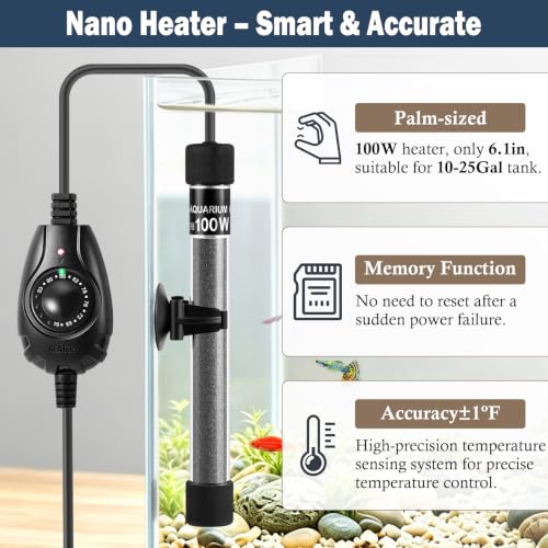 Image of HITOP 100W Adjustable Aquarium Heater, Submersible Thermostat for 10-25Gal