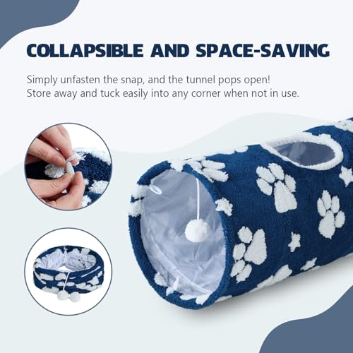 Image of Straight Cat Tunnel for Indoor Cats 47 inchx12 inch, Cute Cat Toys Collapsible Tunnel Tube with Balls for Puppy Kitten Rabbit, Blue Paw