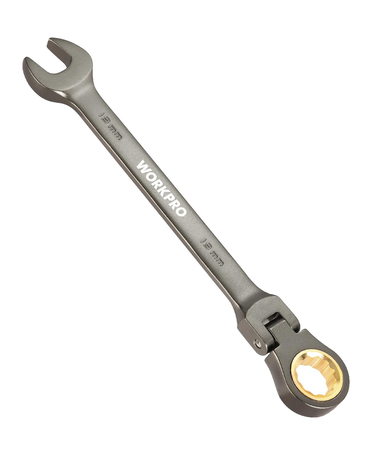 WORKPRO 19 mm Flex-Head Ratcheting Combination Wrench, Cr-V Constructed, Nickel Plating, 72-Teeth, 12 Point Design, Metric 19mm Nickel Plating