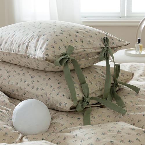 HighBuy Floral Pillowcases Set of 2 Floral Print Pillow Shams Cover - 100% Cotton Coquette Cottagecore Pillow Cases,Envelope Closure with Bowkno Tie 2-Piece Pillow Covers