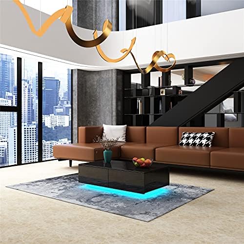 AWOOD LED Coffee Table for Living Room, Modern Side Table Wooden Centre Table, Black High Gloss Coffee Tea Tables with 4 Drawers Storage for Home Office Furniture