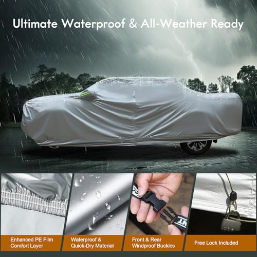 Image of Tecoom Hard Shell Truck Car Cover Waterproof UV-Proof Windproof Zipper Design with Straps Buckle Fit for Ford F150 Ram 1500 Chevy Silverado Toyota Tundra GMC Sierra Full Size Truck Length Up to 245 inch