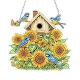 QENSPE Diamond Painting Art Hanging Kits for Adults, 5D Sunflower Diamond Paingting Ornaments with Chain, DIY Blue Birds Crystal Window Pendants for Home Wall Decor Double Sided Gift 8X8 inch