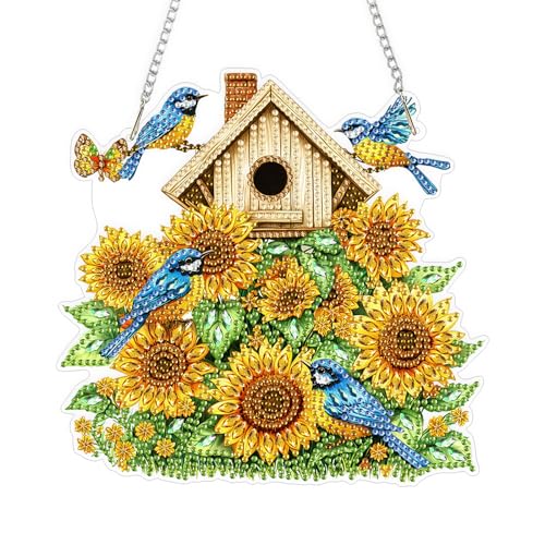 QENSPE Diamond Painting Art Hanging Kits for Adults, 5D Sunflower Diamond Paingting Ornaments with Chain, DIY Blue Birds Crystal Window Pendants for Home Wall Decor Double Sided Gift 8X8 inch