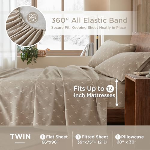 Image of Woolrich Cotton Sheet Set Cottage Charms Print, 100% Cotton Flannel Sheets Warm & Fuzzy Bedding Set Twin Size Sheets, Fitted Pocket Fits Up to 14 inch Mattress, Twin Stag Head 3 Piece
