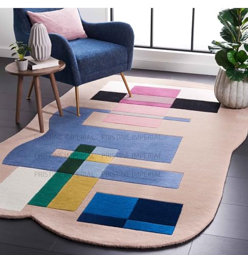 Image of Hand Tufted Irregular Unshaped Designer Woolen Carpets for Living Room Bedroom and Hall Size 4x6 Feet (120x180 cm) Color A2 Soft Pink & Multi