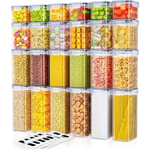 Food Dispensers Storage Jars Set of 24 - Airtight Storage Box with Lid, Kitchen Organiser for Flour, Sugar, Cereal & More, Includes Labels & Markers, for Kitchen & Fridge, 42 L