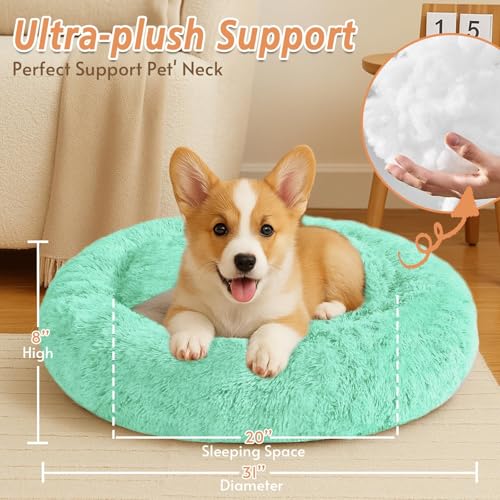 Image of JOLLYVOGUE Calming Dog Bed Medium Size Dog, 31in Donut Washable Medium Pet Bed, Anti-Slip & Anti-Anxiety Fluffy Faux Fur Round Dogs Bed, Fits up to 45 lbs Pets (Mint Green)