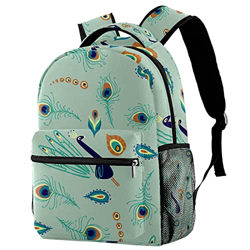 Sac à dos d'école mixte grand volume avec motif plume de paon coloré