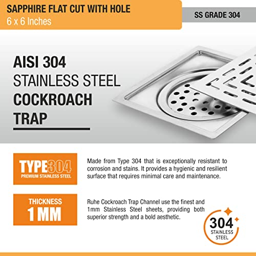 Image of Ruhe Sapphire Square Flat Cut Floor Drain | 304-Grade Stainless Steel Floor Drainer with Hole & Cockroach Trap (6 x 6 Inches) | Floor Drainer for Bathroom, Balcony