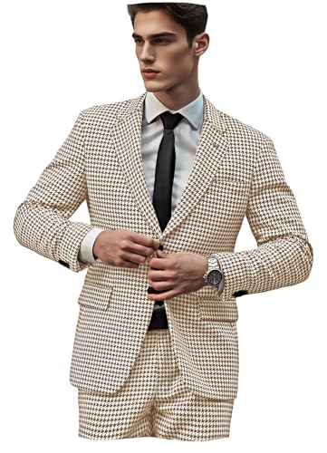 VENNYNG Men's Houndstooth Wedding Suits Business Plaid Tailored Fit 2 Piece Blazer Pant Set Single Breasted One-Button