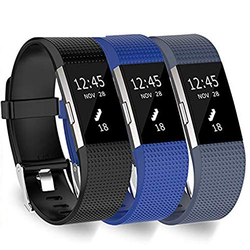 KingAcc Compatible Fitbit Charge 2 Bands, Soft Silicone Replacement Band for Fitbit Charge 2, Metal Buckle Fitness Wristband, 3-Pack Sport Strap for Women Men,(Black&DarkBlue&RockBlue, Large)