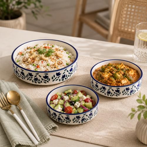 Image of The Earth Store Floral Blue Ceramic Platters Set of 3 (7 Inch Each, Different Sizes) - Microwave & Dishwasher Safe Serving Platters for Snacks, Desserts & More