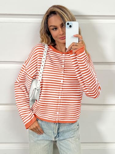 Image of Saodimallsu Womens Striped Cardigan Casual Long Sleeve Open Front Button Down Loose Knit Lightweight Fall Sweaters