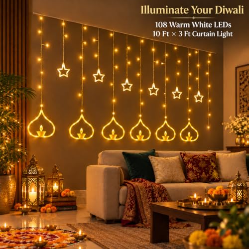 Image of Gesto 12 Diya Curtain Lights - 108 LED Warm White Fairy Lights with 8 Flashing Modes | Plug in Deep Style Diya Lights for Home,Balcony, Mandir,Pooja Room,Diwali Decoration & Festival Decor (11 Ft)