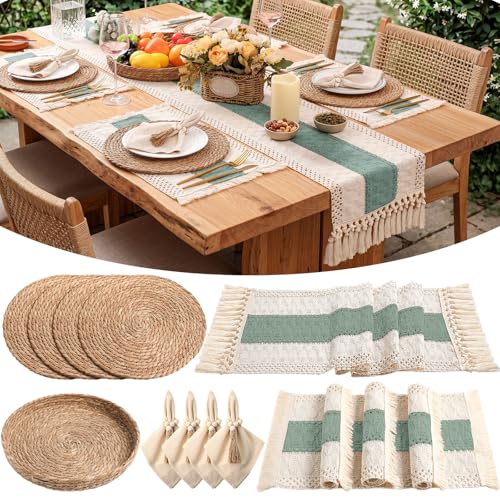 4 Sets Boho Table Runner and Woven Round Placemats Set, Green, 12x72